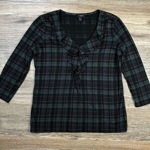 TALBOTS 90s Modal Green Plaid 3/4 Sleeve Ruffle Shirt sz SP